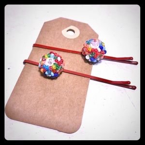 Set of large red hair accents with multicolor bead